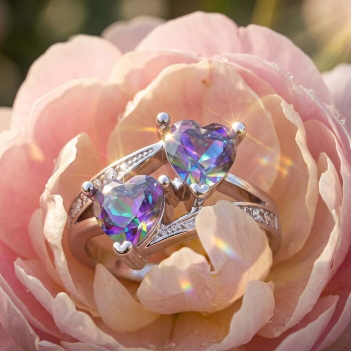 Aurora Double Heart 925 Sterling Silver Cubic Zirconia Ring flower Aurora Double Heart 925 Sterling Silver Cubic Zirconia Ring flower