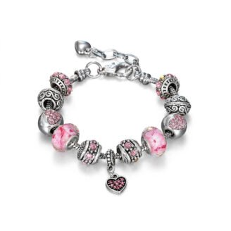 Elegant Silver Charm Bracelet with Pink Crystal Beads & Heart Pendant | Women's Fashion Jewelry