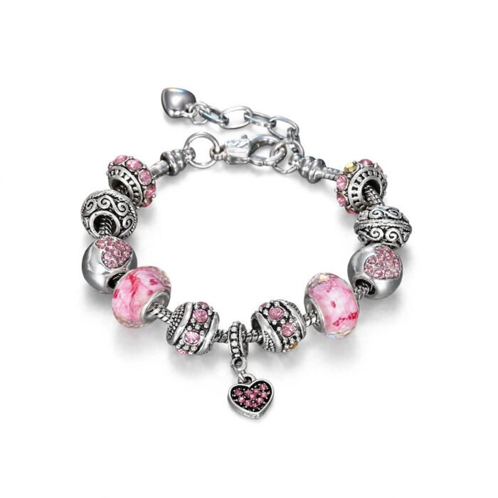 Elegant Silver Charm Bracelet with Pink Crystal Beads & Heart Pendant Womens Fashion Jewelry 5 Elegant Silver Charm Bracelet with Pink Crystal Beads & Heart Pendant Womens Fashion Jewelry 5