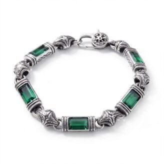 Vintage Unisex 925 Sterling Silver Bracelet with Emerald Green Crystal Accents | Antique Style Statement Jewelry for Men & Women